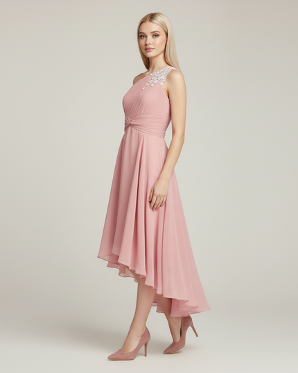 Jugendweihe Kleid Pink Einschultrig Hi-Low Pailletten - Ansicht 3