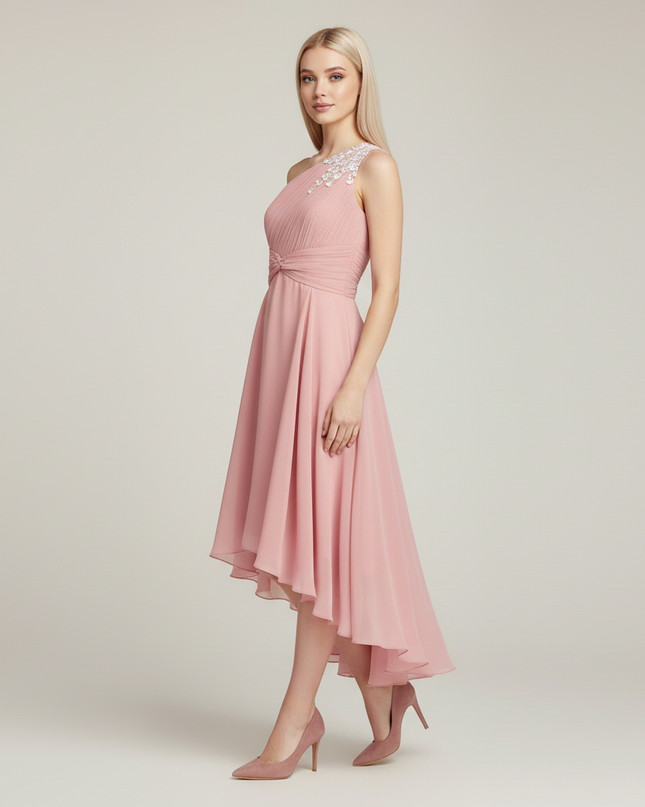Jugendweihe Kleid Pink Einschultrig Hi-Low Pailletten - Ansicht 3