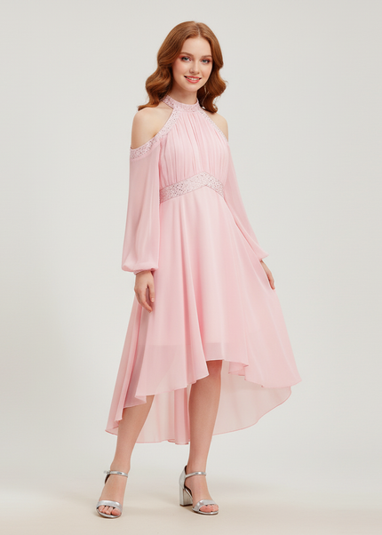 Jugendweihe Kleid Pink Rueschen Chiffon Halter Kinder - Ansicht 1