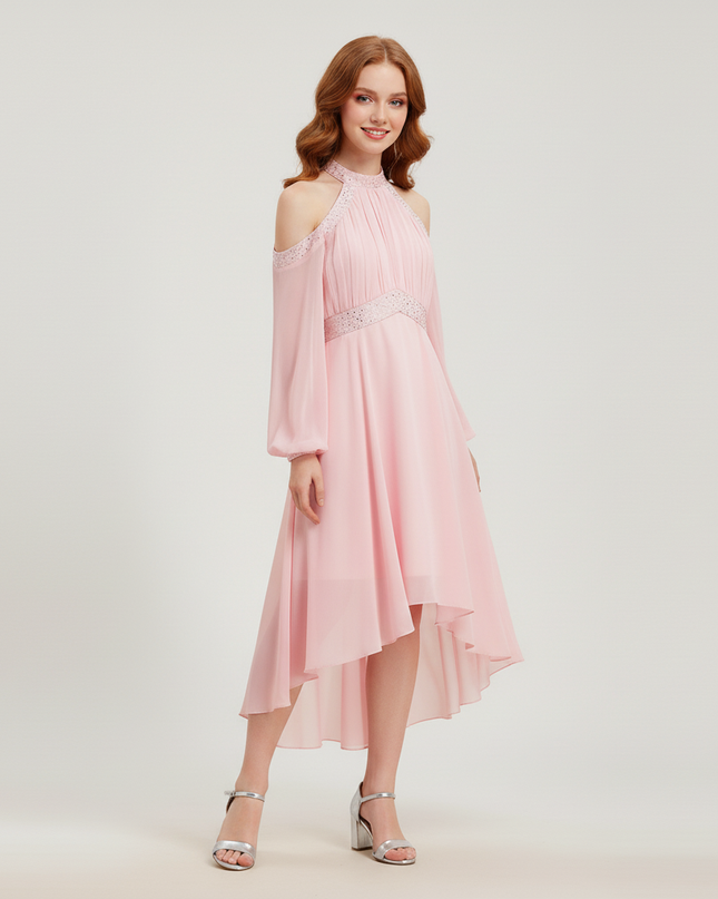 Jugendweihe Kleid Pink Rueschen Chiffon Halter Kinder - Ansicht 3