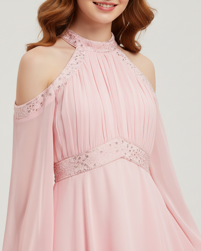 Jugendweihe Kleid Pink Rueschen Chiffon Halter Kinder - Ansicht 4