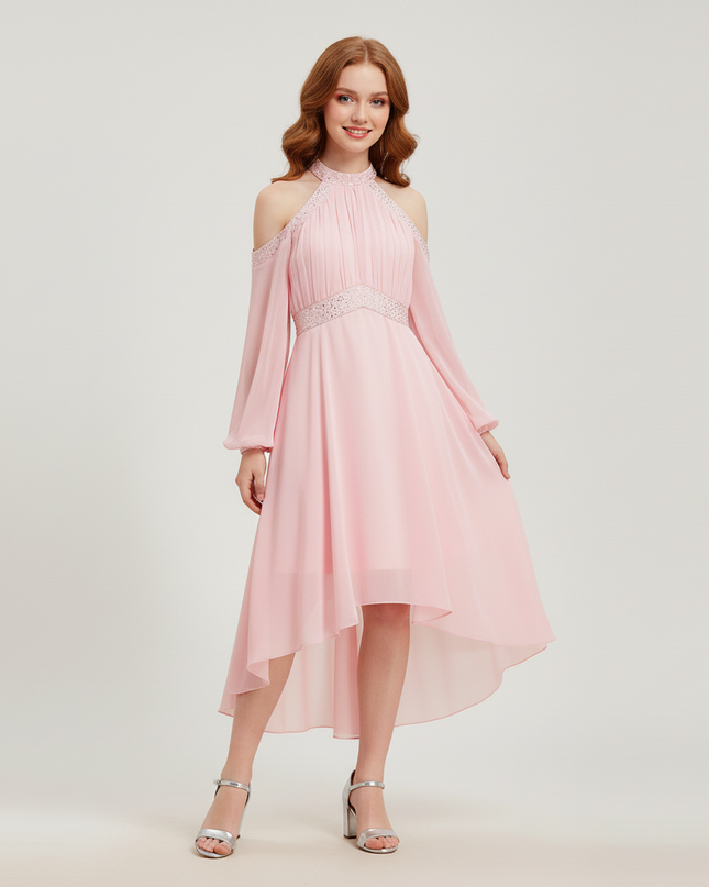 Jugendweihe Kleid Pink Rueschen Chiffon Halter Kinder - Ansicht 5