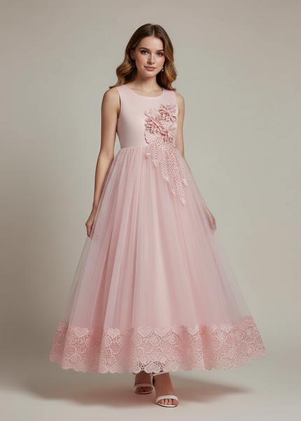 Jugendweihe Kleid Rosa Blumen bodenlang | Kinderfest - Ansicht 1