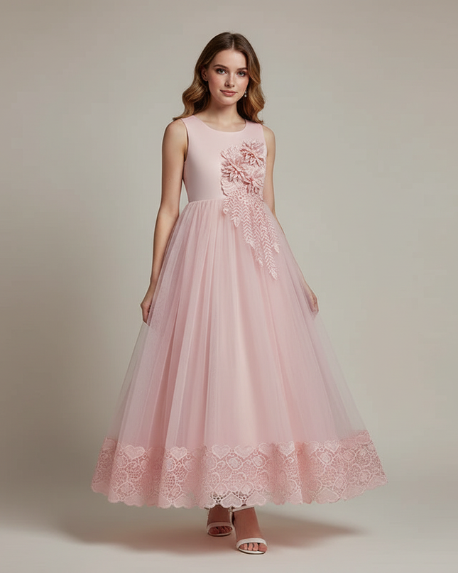Jugendweihe Kleid Rosa Blumen bodenlang | Kinderfest - Ansicht 1