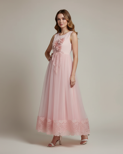 Jugendweihe Kleid Rosa Blumen bodenlang | Kinderfest - Ansicht 3