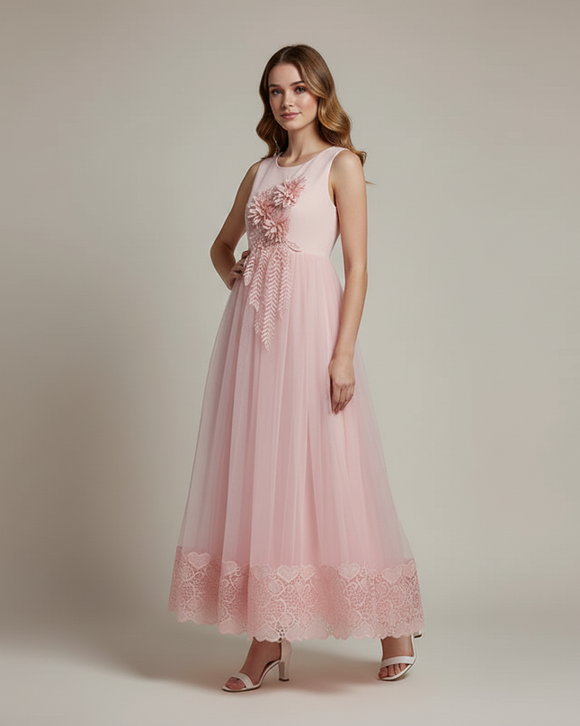 Jugendweihe Kleid Rosa Blumen bodenlang | Kinderfest - Ansicht 3