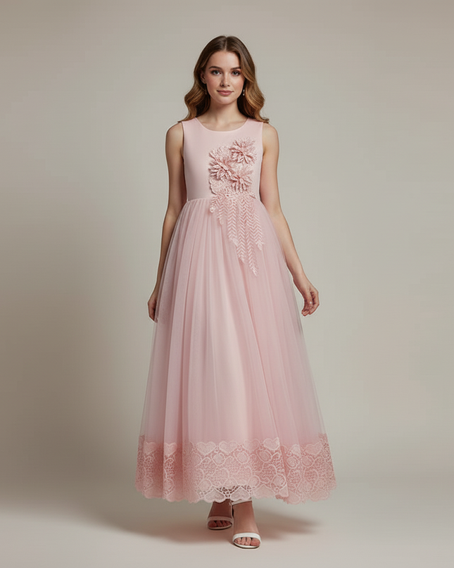 Jugendweihe Kleid Rosa Blumen bodenlang | Kinderfest - Ansicht 5