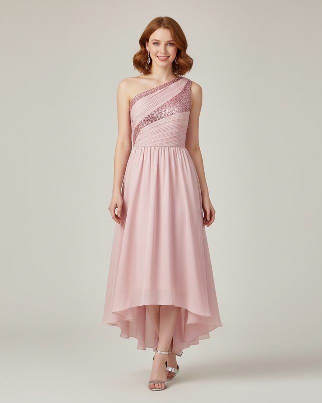 Jugendweihe Kleid Rosa Einschultrig Pailletten | Teens - Ansicht 1