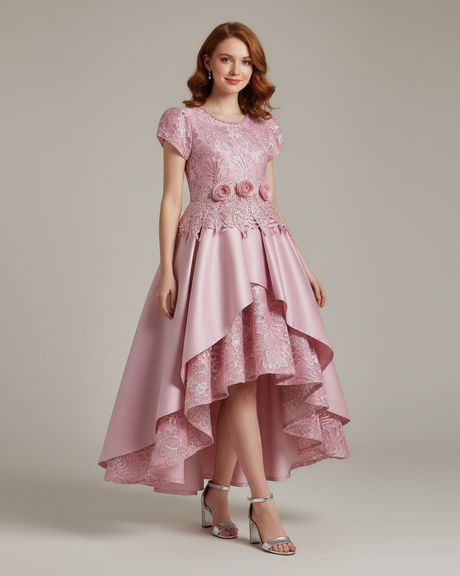 Jugendweihe Kleid Rosa Gold Satin Bestickt | Maxi - Ansicht 1