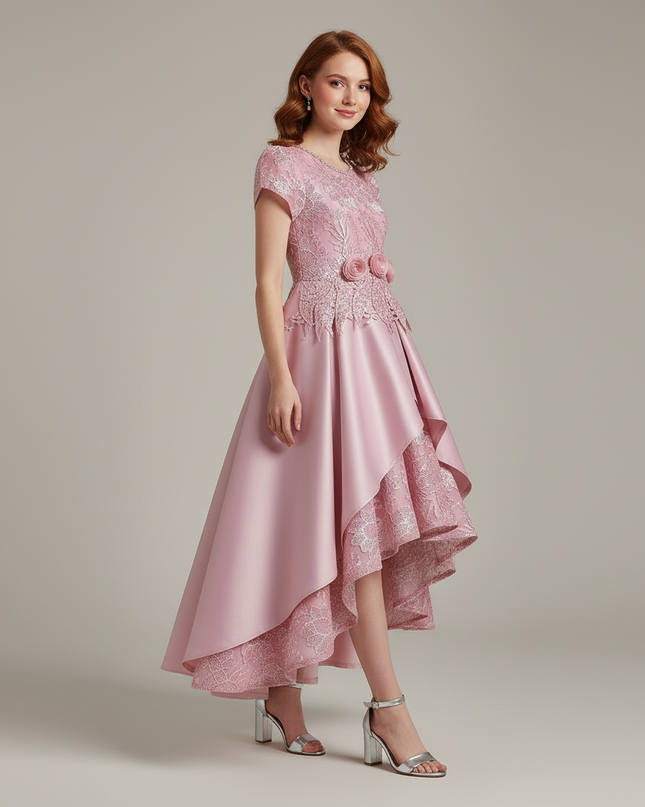 Jugendweihe Kleid Rosa Gold Satin Bestickt | Maxi - Ansicht 3