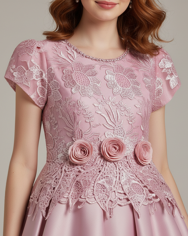 Jugendweihe Kleid Rosa Gold Satin Bestickt | Maxi - Ansicht 4