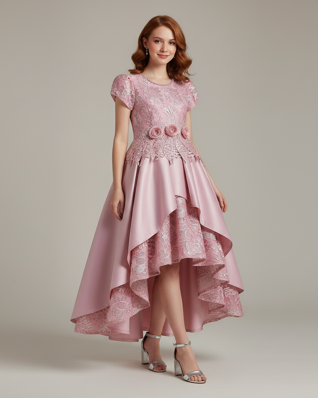 Jugendweihe Kleid Rosa Gold Satin Bestickt | Maxi - Ansicht 5