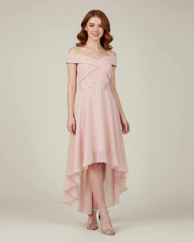 Jugendweihe Kleid Rosa Hi-Lo Off-Shoulder | Chiffon - Ansicht 1