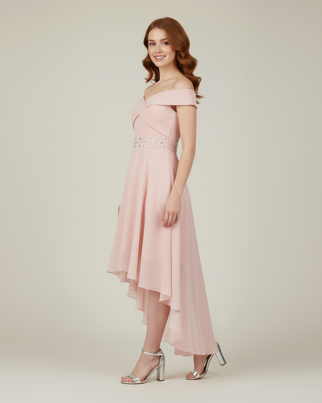 Jugendweihe Kleid Rosa Hi-Lo Off-Shoulder | Chiffon - Ansicht 3