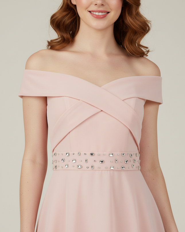 Jugendweihe Kleid Rosa Hi-Lo Off-Shoulder | Chiffon - Ansicht 4