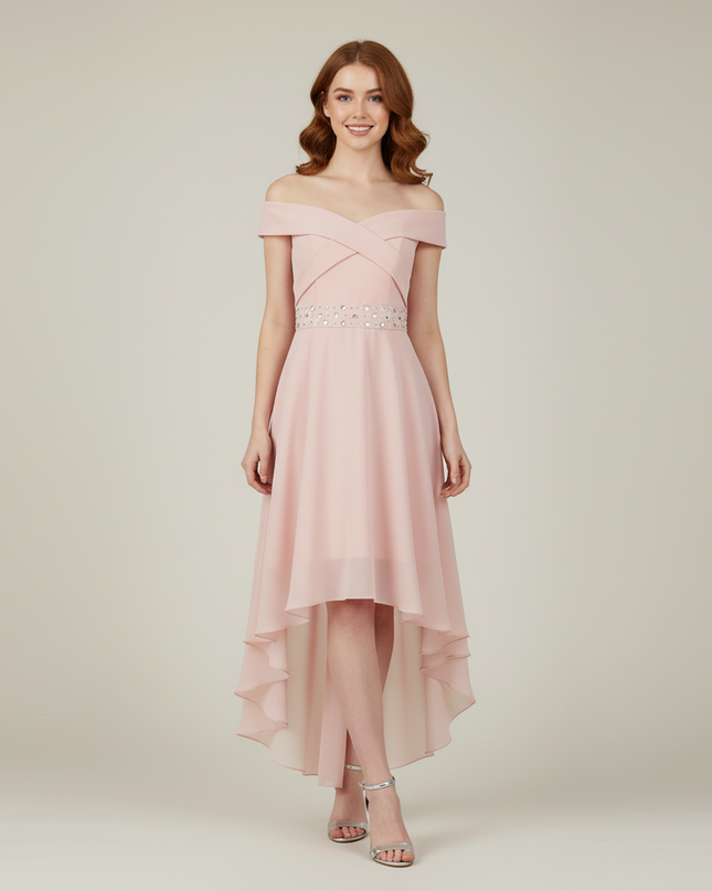 Jugendweihe Kleid Rosa Hi-Lo Off-Shoulder | Chiffon - Ansicht 5
