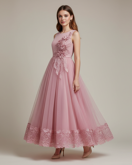 Jugendweihe Kleid Rosa Lang mit Blumen | Festlich - Ansicht 1