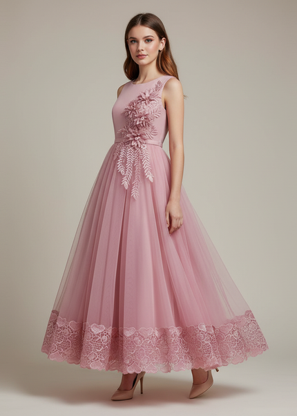 Jugendweihe Kleid Rosa Lang mit Blumen | Festlich - Ansicht 1