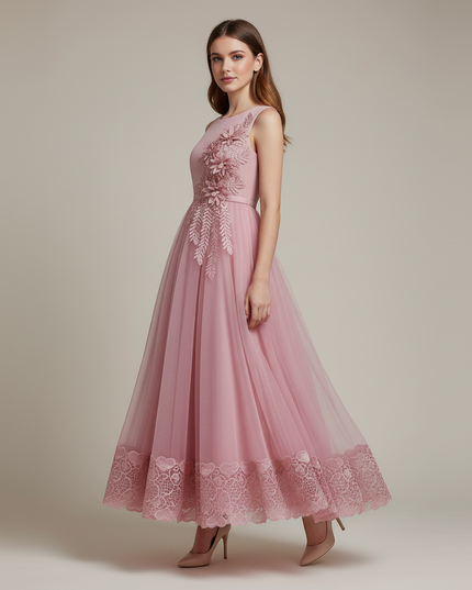 Jugendweihe Kleid Rosa Lang mit Blumen | Festlich - Ansicht 3