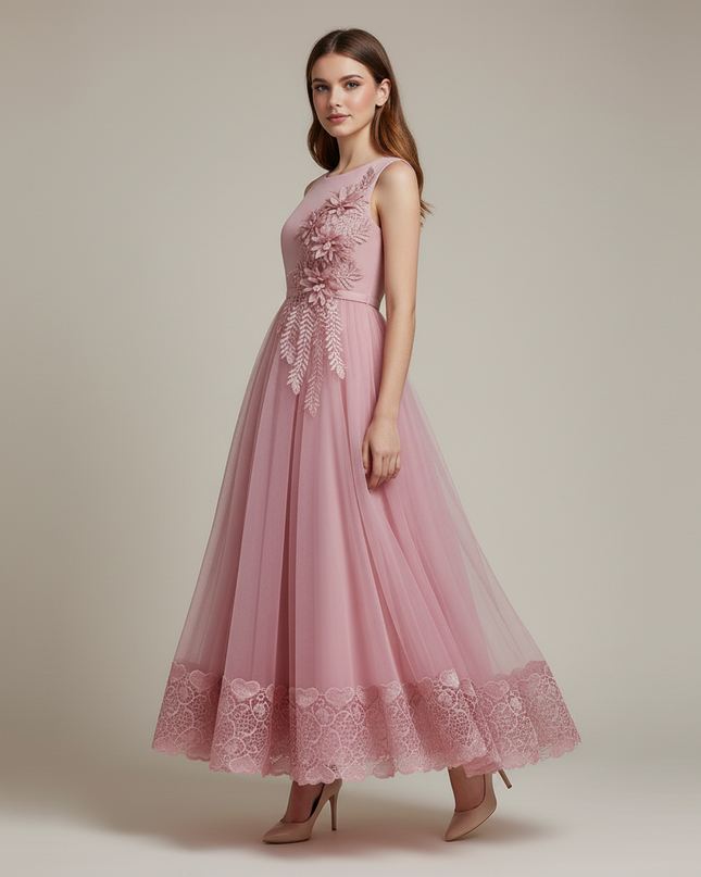 Jugendweihe Kleid Rosa Lang mit Blumen | Festlich - Ansicht 3