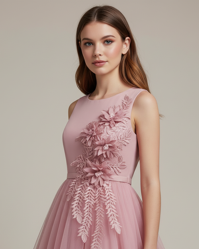 Jugendweihe Kleid Rosa Lang mit Blumen | Festlich - Ansicht 4