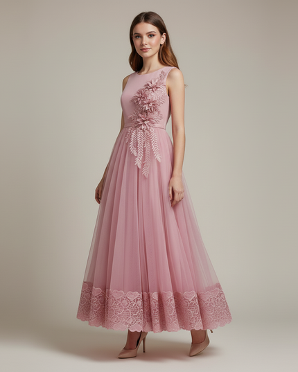 Jugendweihe Kleid Rosa Lang mit Blumen | Festlich - Ansicht 5