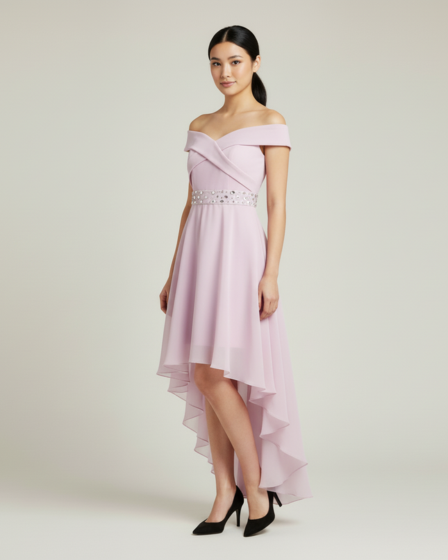Jugendweihe Kleid Rosa Pastel Off-Shoulder | Hi-Lo - Ansicht 3