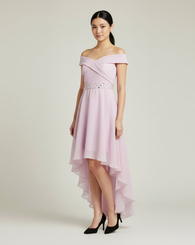 Jugendweihe Kleid Rosa Pastel Off-Shoulder | Hi-Lo - Ansicht 5
