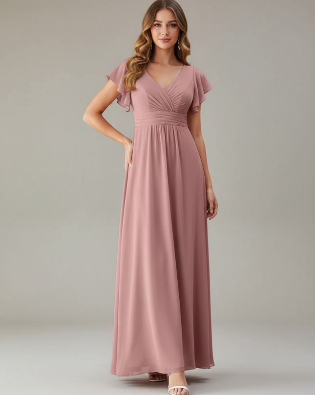Jugendweihe Kleid Rosa Ruestchen Chiffon Bodenlang - Ansicht 1