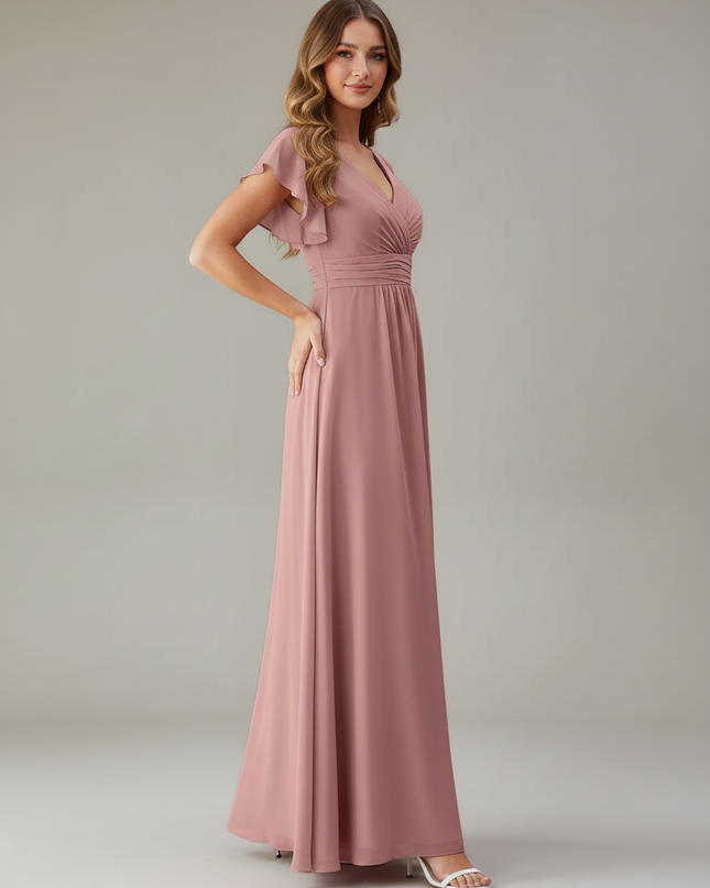 Jugendweihe Kleid Rosa Ruestchen Chiffon Bodenlang - Ansicht 3