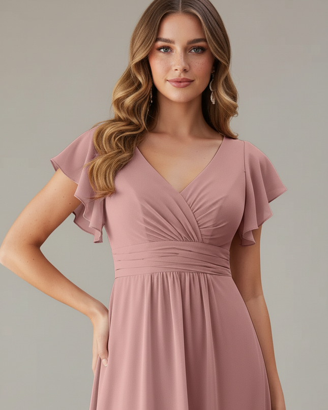 Jugendweihe Kleid Rosa Ruestchen Chiffon Bodenlang - Ansicht 4