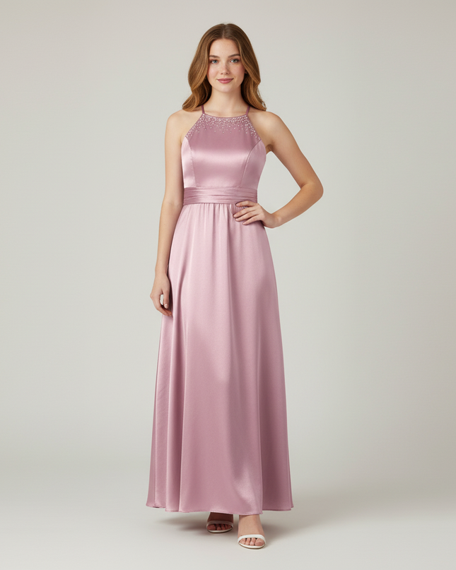 Jugendweihe Kleid Rosa Satin Lang | Glaenzend Festlich - Ansicht 1