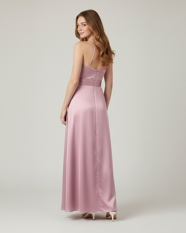 Jugendweihe Kleid Rosa Satin Lang | Glaenzend Festlich - Ansicht 2