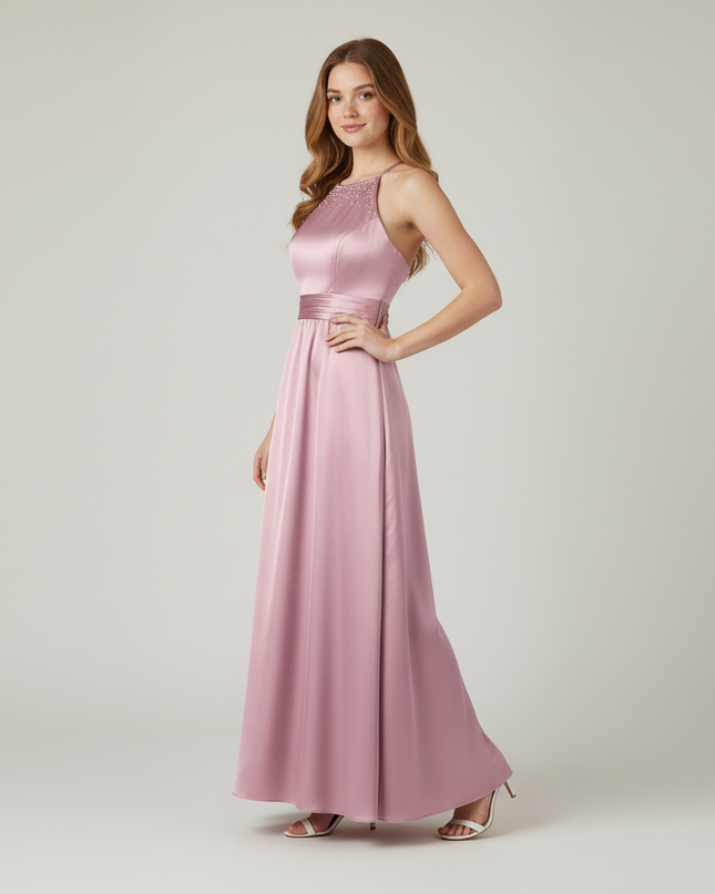 Jugendweihe Kleid Rosa Satin Lang | Glaenzend Festlich - Ansicht 3