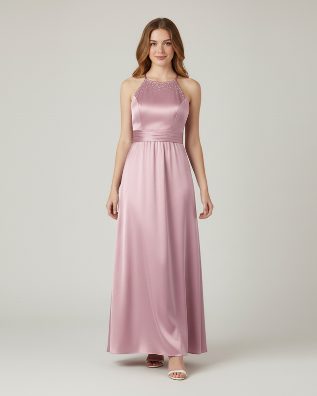 Jugendweihe Kleid Rosa Satin Lang | Glaenzend Festlich - Ansicht 5