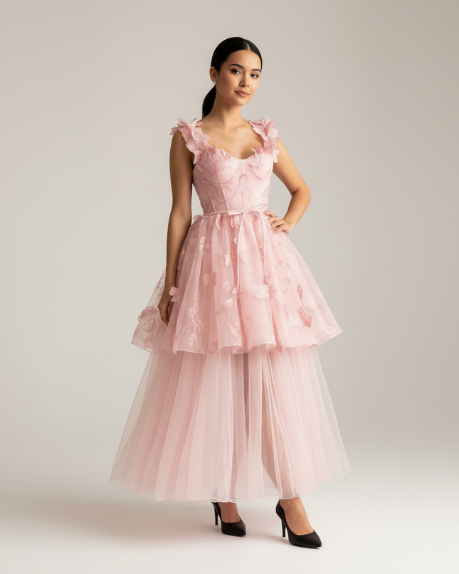 Jugendweihe Kleid Rosa Schmetterling Kurz Spitze - Ansicht 1