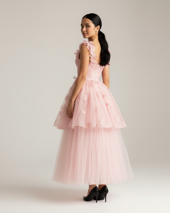 Jugendweihe Kleid Rosa Schmetterling Kurz Spitze - Ansicht 2