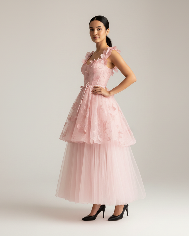 Jugendweihe Kleid Rosa Schmetterling Kurz Spitze - Ansicht 3