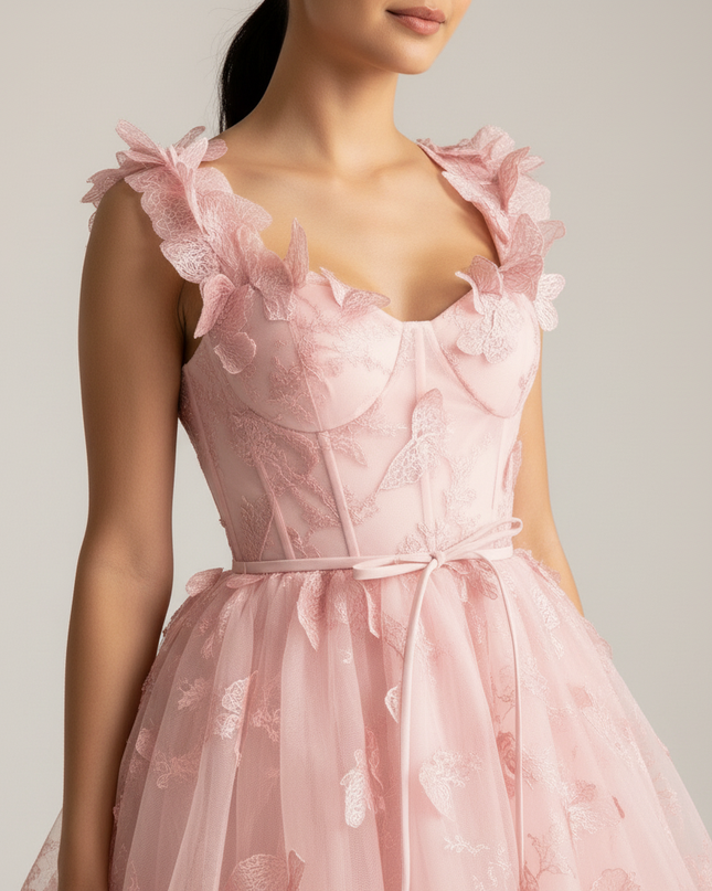Jugendweihe Kleid Rosa Schmetterling Kurz Spitze - Ansicht 4