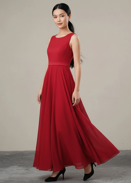 Jugendweihe Kleid Rot Chiffon Aermellos Kinder - Ansicht 1