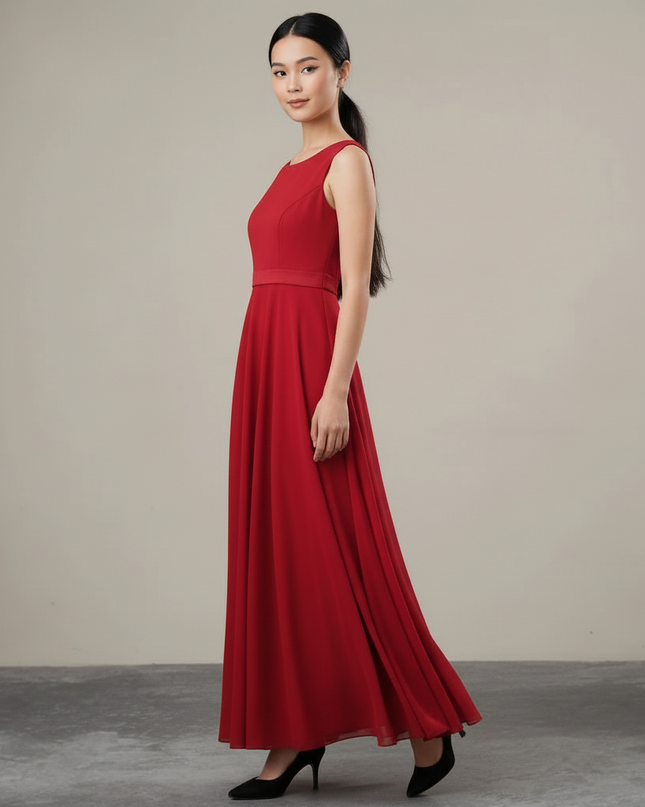Jugendweihe Kleid Rot Chiffon Aermellos Kinder - Ansicht 3