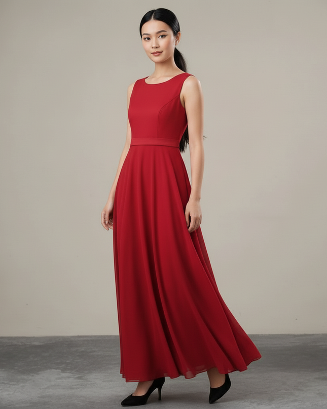 Jugendweihe Kleid Rot Chiffon Aermellos Kinder - Ansicht 5
