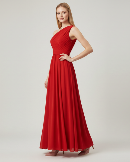 Jugendweihe Kleid Rot Einschultrig A-Linie Chiffon - Ansicht 3