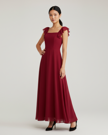 Jugendweihe Kleid Rot Elegant Chiffon Rueschentraeger - Ansicht 1