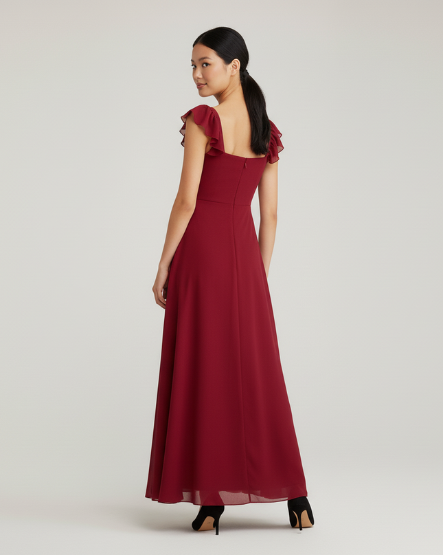 Jugendweihe Kleid Rot Elegant Chiffon Rueschentraeger - Ansicht 2