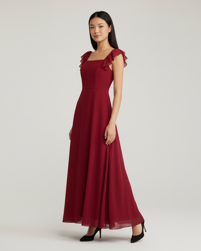 Jugendweihe Kleid Rot Elegant Chiffon Rueschentraeger - Ansicht 3