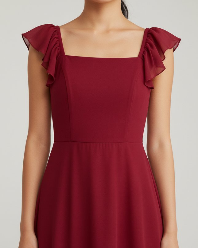 Jugendweihe Kleid Rot Elegant Chiffon Rueschentraeger - Ansicht 4