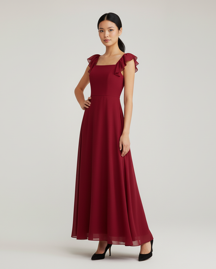 Jugendweihe Kleid Rot Elegant Chiffon Rueschentraeger - Ansicht 5