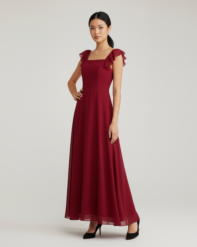 Jugendweihe Kleid Rot Elegant Chiffon Rueschentraeger - Ansicht 5