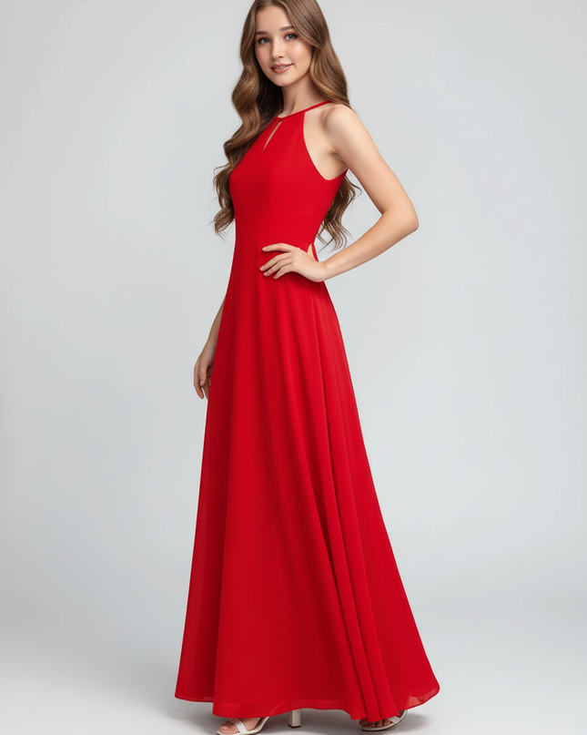 Jugendweihe Kleid Rot Halter Chiffon Lang Kinder - Ansicht 3